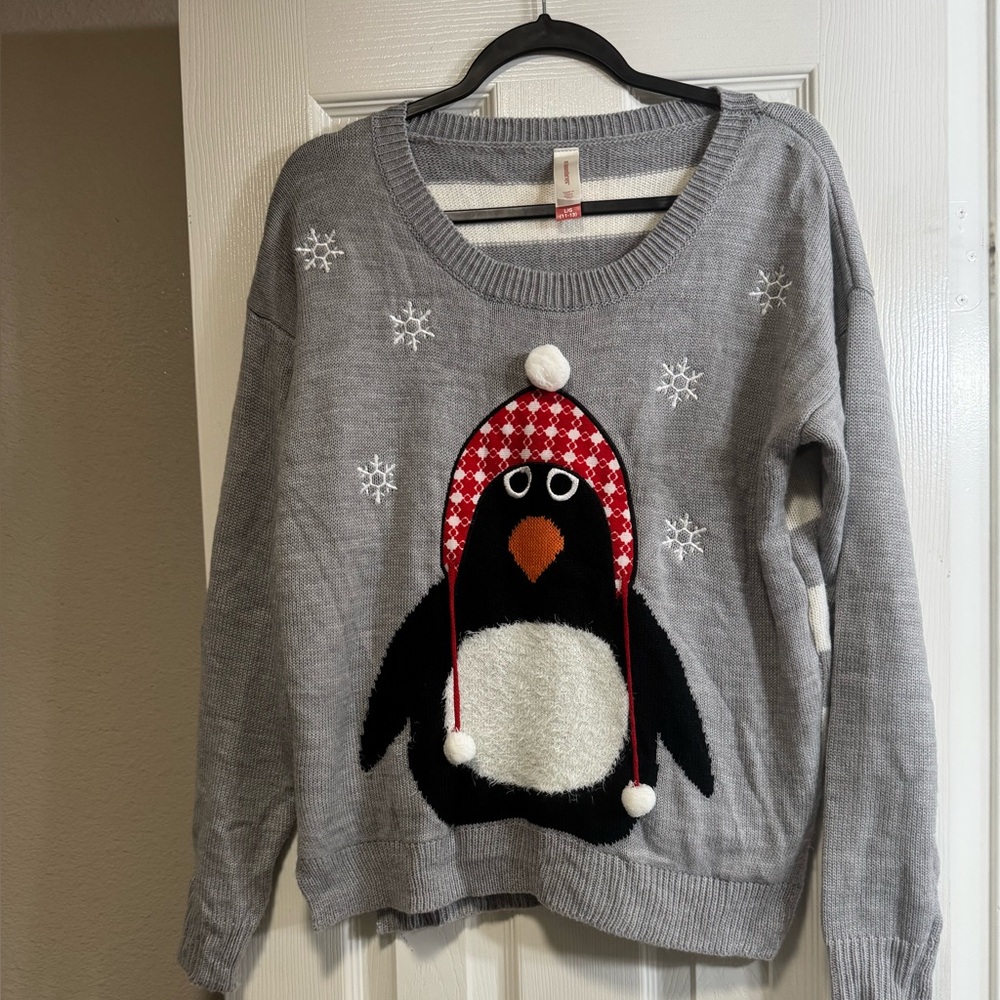 no boundaries cute winter sweater. Penguin on the front. Stripes on the back.